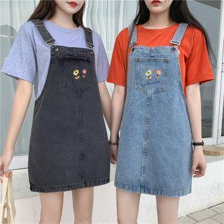 Flower Embroidered Denim Mini Overall Dress