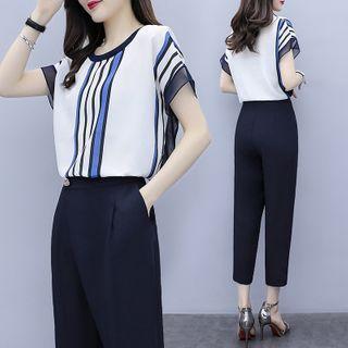 Set: Short-sleeve Striped Chiffon Blouse + Capri Pants