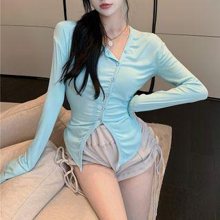 Button Up Long Sleeve Ruched Top