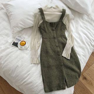 Plain Single-breasted Acrylic Slim-fit Dress Green - One Size