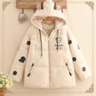 Cow-print Ear-accent Hood Padded Jacket