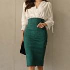Faux Suede Midi Fitted Skirt