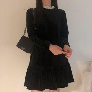 Long-sleeve Ribbon-accent Velvet Dress Black - One Size