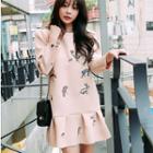 Animal Embroidery Drop Waist Neoprene Dress