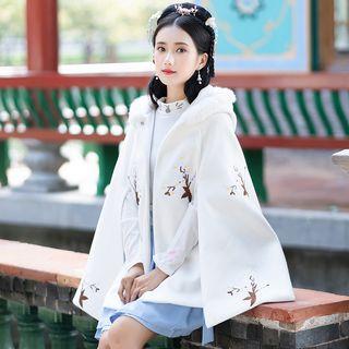 Floral Embroidered Furry Hood Cape Shawl - One Size
