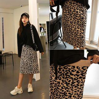 Band-waist Leopard Knit Skirt Leopard - One Size