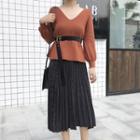 V-neck Sweater / Accordion Pleat Midi Skirt