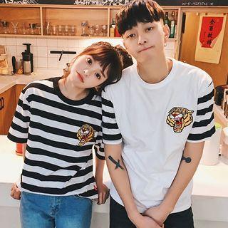 Couple Matching Tiger Embroidered Striped Short Sleeve T-shirt