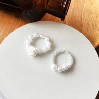 Set: Flower / Faux Pearl Ring Set - White - One Size
