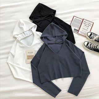 Plain V-neck Long-sleeve Hooded Knit Top