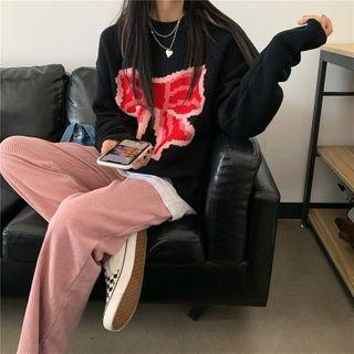 Bow Jacquard Sweater / Corduroy Straight Leg Pants