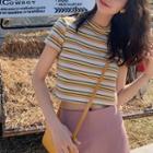 Short-sleeve Striped Cropped T-shirt / A-line Mini Skirt