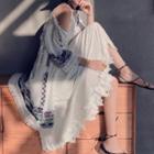 3/4-sleeve Embroidered Open Front Long Jacket Multicolor Pattern - White - One Size