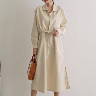 Drawstring Layered-panel Long Shirtdress