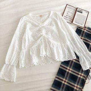 Eyelet-lace V-neck Long-sleeve Blouse White - One Size