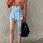 Long-sleeve Plain Loose-fit Top / High-waist Denim Shorts