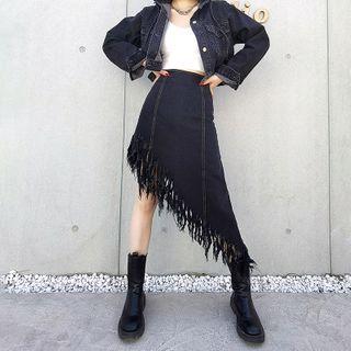 Distressed Asymmetrical A-line Denim Skirt