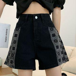 Paisley Print Panel Wide Leg Denim Shorts