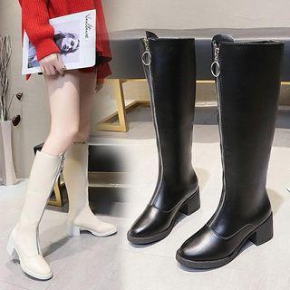 Faux Leather Front-zip Block Heel Tall Boots