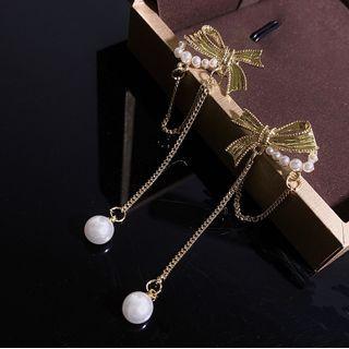 Faux Pearl Chain Bow Drop Earring H1-1-3 - 1 Pair - Gold & White - One Size