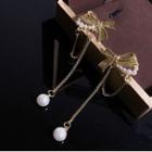 Faux Pearl Chain Bow Drop Earring H1-1-3 - 1 Pair - Gold & White - One Size