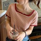 Short-sleeve Square Neck Striped T-shirt Stripes - Red - One Size