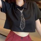 Rhinestone Collared Short-sleeve T-shirt