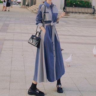 Color Panel Single-breasted Shirtdress