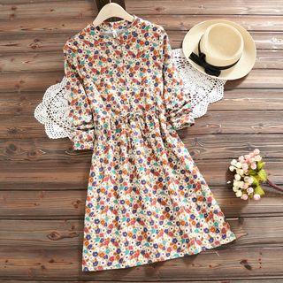 Long-sleeve Drawstring Waist Floral Dress