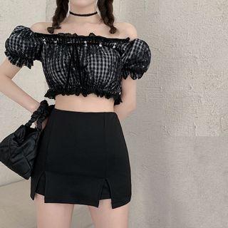 Off-shoulder Plaid Cropped Top / A-line Mini Skirt