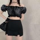 Off-shoulder Plaid Cropped Top / A-line Mini Skirt