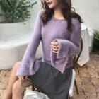 Slit-cuff Bell Sleeve Beaded Sweater Light Purple - One Size
