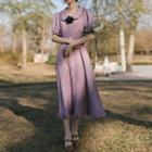 Short-sleeve Frill Trim Buttoned A-line Midi Dress