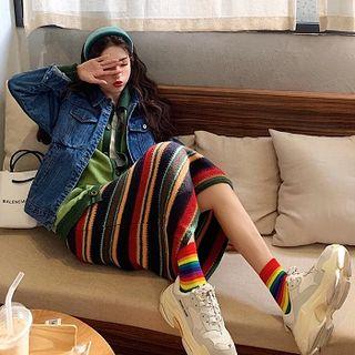 Color-block Long-sleeve Cardigan / Single-breasted Long-sleeve Denim Jacket / Color-block Striped High-waist Skirt