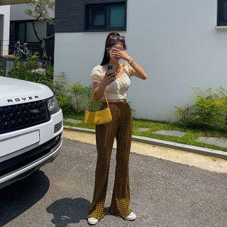 Pleated Checked Boot-cut Pants