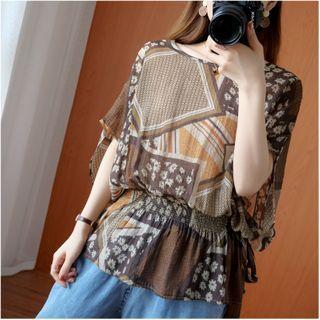 Elbow-sleeve Floral Print Linen Blouse