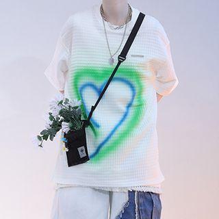 Elbow-sleeve Heart Print Plaid T-shirt