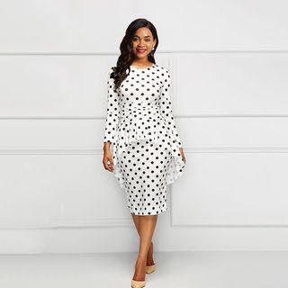 Long-sleeve Polka Dots Peplum Dress