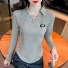 Long-sleeve Chained-up Ribbed Polo Shirt