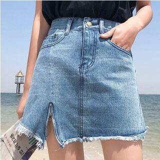 High Waist Slit Zipper Denim A-line Skirt