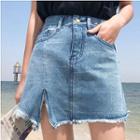 High Waist Slit Zipper Denim A-line Skirt