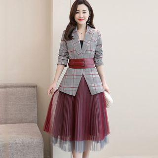Set: Plaid Blazer + Midi Accordion Pleat Skirt + Belt