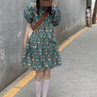 Floral Puff-sleeve Dress Green - One Size