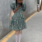 Floral Puff-sleeve Dress Green - One Size