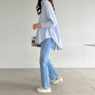 Button-back Dip-back Stripe Shirt