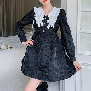 Puff-sleeve Floral Jacquard A-line Dress