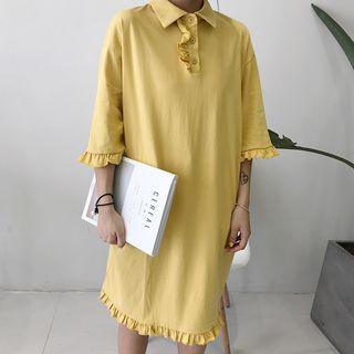 Frilled 3/4-sleeve Polo Shirt Dress