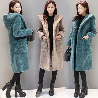 Plain Furry Hooded Long Coat