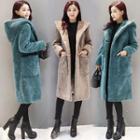 Plain Furry Hooded Long Coat