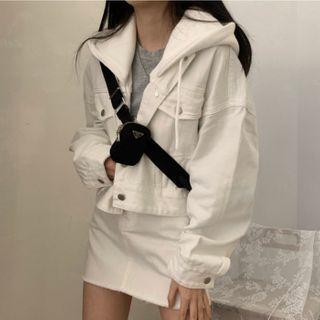 Crew-neck Long-sleeve T-shirt / Pocket Detail Button Denim Jacket / Mini Straight-fit Skirt